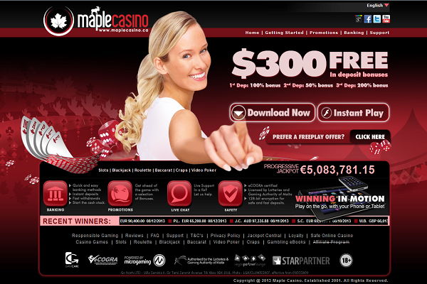 Above: Maple Casino's Home Page